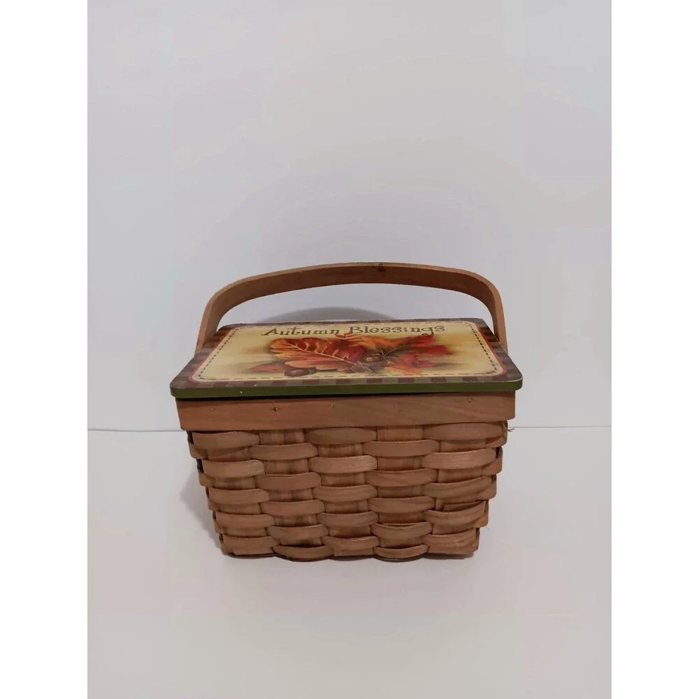Basket /w Handle Wicker AUTUMN BLESSINGS Brown Green Lid Country Farmhouse Decor